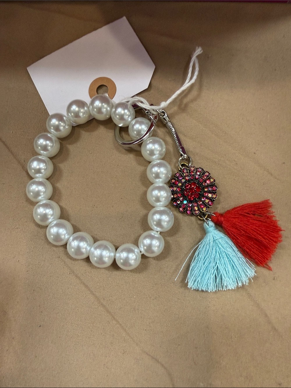 Pearl Bead Bracelet with Red and Light Blue Tassel Charm